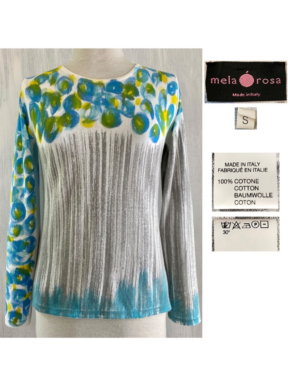 Mela Rosa Italy Women Small Hand Painted Wearable Art Luxury Cotton Sweater